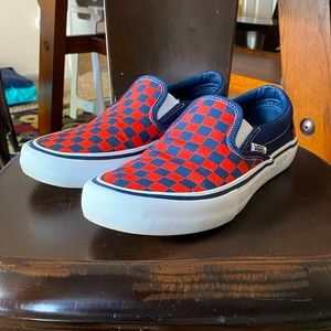 Vans old school Pro slip ons, sz 9, orange and blue checks